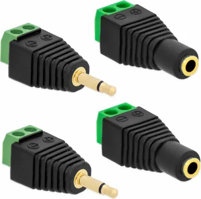 Produktbild von 2X Klinken Stecker + 2X Buchsen 3,5mm Adapter > Terminalblock 2 Pin Schraub Klemme Set