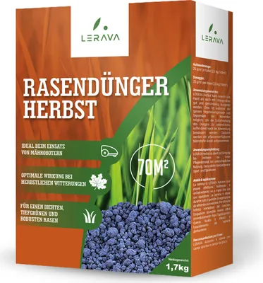 Produktbild von LERAVA HERBST Herbstrasendünger - 3 Monate Langzeitwirkung - Kalium Dünger mit Magnesium - für einen dichten, tiefgrünen und robusten Rasen - 70m²