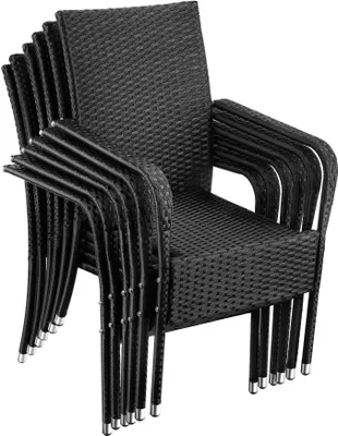 A stack of black rattan chairs.