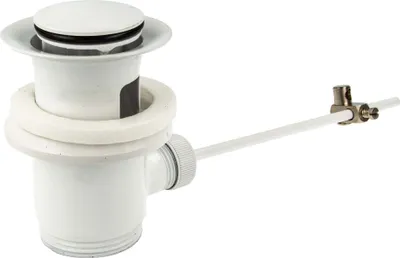 A white sink drain assembly with a pop-up stopper and overflow mechanism, shown against a white background.