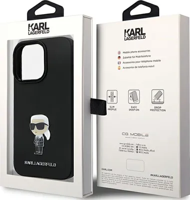 Productafbeelding van Telefoonschaal Karl Lagerfeld, siliconen, Ikonik-model, met metalen pin, voor iPhone 14 Pro - zwart