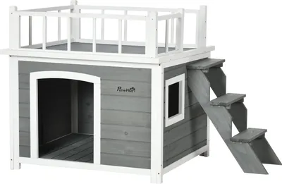 Imagen del producto de Caseta para perros con balcón, jaula elevada para animales pequeños con escalera, ventana, refugio para perros medianos y grandes, fabricada en madera de pino