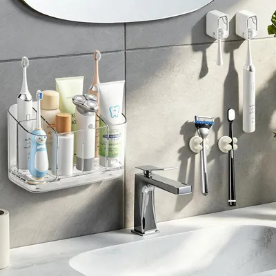 Obrázek produktu pro Sada držáků na zubní kartáče, 5 kusů, pro koupelnu a kuchyň, montáž na zeď i stojací provedení, bílá barva