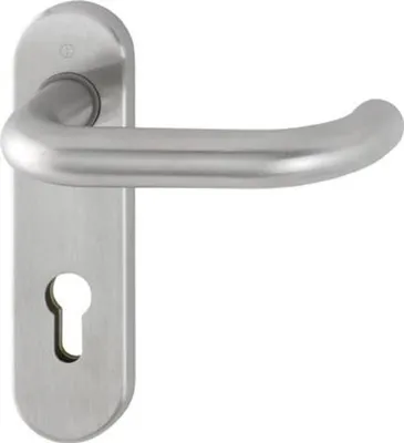 A silver door handle with a keyhole plate, isolated on a white background.