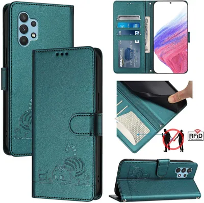 Produktbild von Leder Hülle für Samsung Galaxy A32 4G Süße Katze Flip Case Brieftasche Schutzhülle mit Standfunktion Grün
