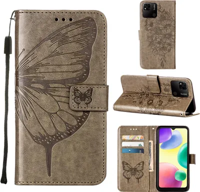 Produktbild von Redmi 10A Hülle, Schmetterling Prägung Flip Leder Kartenfächer Schutzhülle Ledertasche mit Ständer für Xiaomi Redmi 10A Grau