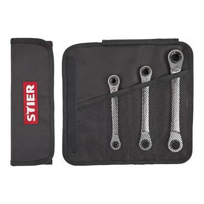 Produktbild von STIER Doppel Ring Ratschen Schlüssel Satz, 3-teilig, SW 9 | 10 | 13 | 14 | 17 | 18 mm, Kraft Spezial 4-in-1, 8-18mm aus Chrom-Vanadium-Stahl in Rolltasche