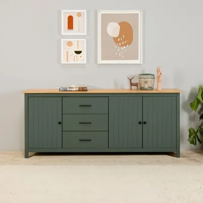 Immagine prodotto di Credenza Miranda in legno massiccio colore verde e pino 191x40x80H - 3 Ante e 3 cassetti