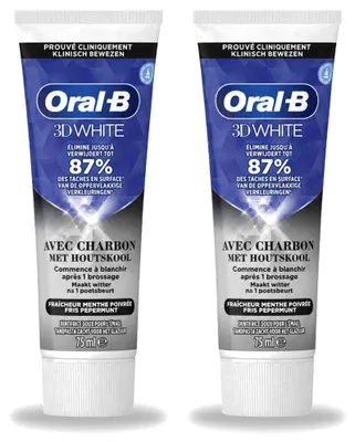 Image de 2 tubes de dentifrice Oral-B 3D White au charbon actif - Blanchissant et pour un nettoyage en profondeur - 75 ml - Pack avantage - 2 pièces