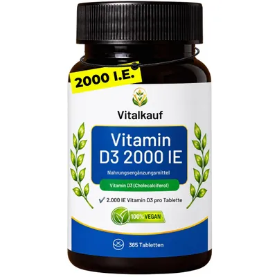 Produktbild von Vitamin D3 2000 I.E. – 365 vegane Tabletten – für normale Knochen, Muskelfunktion & Immunsystem – Langzeitvorrat – labore Qualität