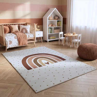 Obrázok produktu pre Homebyhome Detský koberec s motívom dúhy – hrací koberec do detskej izby, krémová farba, ideálny na hranie. Rozmery: 80 x 150 cm