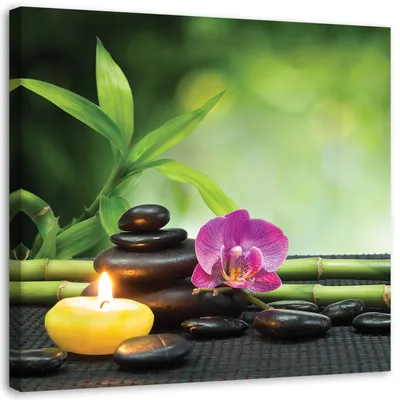 Produktbild von Leinwandbild entspannende zen-komposition mit kerze und blumen 60x60 cm Feeby grün wandbild bereit zum aufhängen