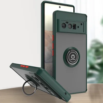 Obrázek produktu pro Pouzdro pro Google Pixel 6 Pro matné průsvitné TPU pouzdro s prstencovým držákem a stojánkem tmavě zelená