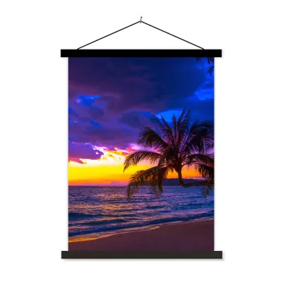 Produktbild von MuchoWow® Textilposter Palme - Lila - Sonnenuntergang - Strand - Meer 60x80 cm mit schwarzem Rahmen - Plakathalter