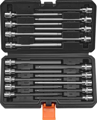 Image de Jeu de clés à douille hexagonales extra longues - 18 pièces - Emboîtement carré 9,5 mm - SAE 3,2–9,5 mm et métrique 3–12 mm - Acier allié S2 et acier Cr-V - Avec coffret de rangement