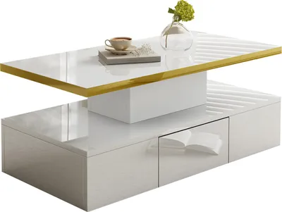 Produktbild von Fortuna Lai Couchtisch mit Schubladen, Hochglanzlack, Tisch mit zwei Ablageebenen, LED-Licht, Weiß