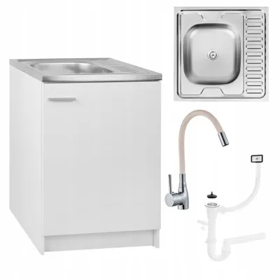 Obrázok produktu pre Stamar | Kuchynská skrinka, s drezom, biela, stojaca, 60 cm, flexibilná batéria béžová, sifón
