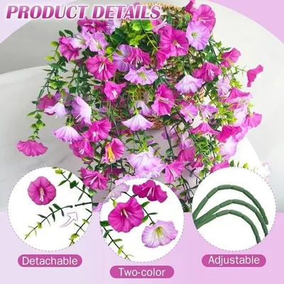 Produktbild von 3 künstliche Hängepflanzen, Kunstblumen, hängend wie echte Petunien, hängende Kunstpflanzen, wetterbeständig, Kunstblumen, Ranken für draußen, drinnen, Balkon, Terrasse, Blumenhänger (Lila)