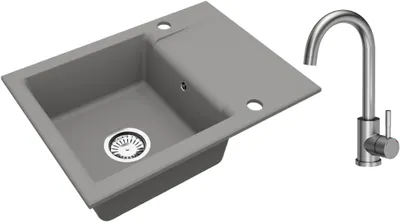 Produktbild von VBChome Granitspüle Grau 59 x 44 cm mit Armatur Einzelbecken Einbauspüle Reversibel Gesprenkelt Pflegeleichtes Spülbecken mit Siphon