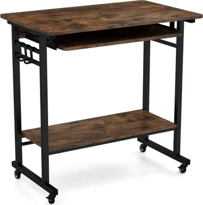 Produktbild von Schreibtisch mit Rollen & Tastaturablage & Ablagefläche unten & Haken Computertisch Braun