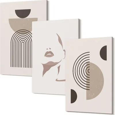 Produktbild von Leinwandbild – Wandbild – Leinwandbilder – Kunstdruck – Polycanvas – Modern – Mehrteilig – 3-Teilig Set – Hochwertig – Geruchslos – Lichtecht – Fertig Aufgespannt – 40x60 Cm Je Teil - Abstrakte geometrische Formen und Gesichtssilhouette