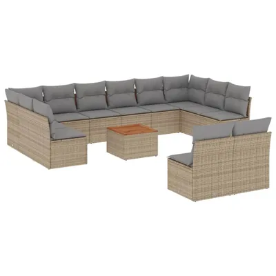 Produktbild von Modulares Garten-Sofa-Set 13-tlg., Loungemöbel mit Stauraum, PE-Rattan, Akazienholz-Tischplatte, abnehmbare Kissenbezüge, Beige/Hellgrau