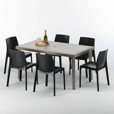 Produktbild von Polyrattan Tisch Rechteckig mit 6 Bunten Stühlen 150x90 Beige Marion