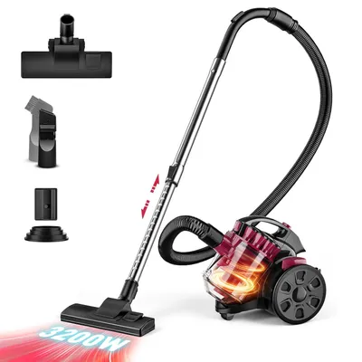 A vacuum cleaner with its accessories, displayed on a white background with marketing graphics.