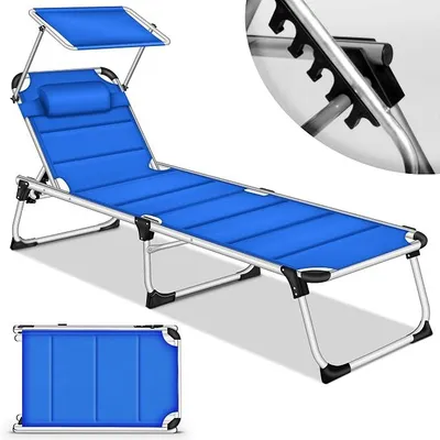 Produktbild von Sonnenliege mit Dach und Kopfkissen | Gartenliege Liegestuhl klappbar | Strandliege mit Verstellbarer Rückenlehne | Aluminium Liege (Blau, Liege (mit Polster Premium))