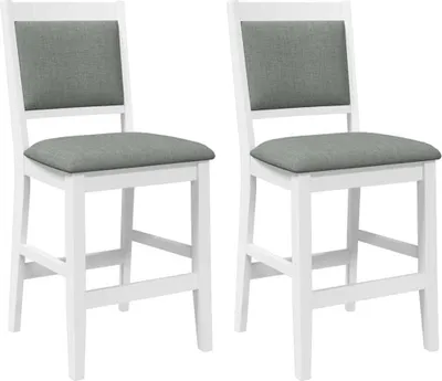 Two white bar stools with gray upholstered seats and backs are shown against a white background.