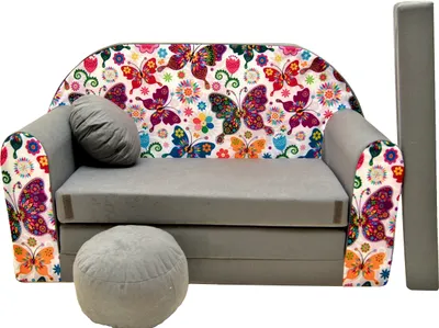 Produktbild von All4All Kindersofa, Klappsofa, Schlafsofa 3in1, Velo, Spielsofa für Kinder, Sofa zum Aufklappen, mit Pouf, faltbar, zum Schlafen – Schaumstoff Sofa (A33 Grau + Schmetterling)