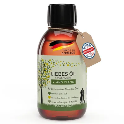 Produktbild von MakeLove Massageöl Liebesöl Ylang Ylang für Erotische Massage | Partnermassage | Tantra - 250ml pflegendes Öl mit sinnlichem Ylang Ylang Cananga Duft für die besonderen Momente zu Zweit