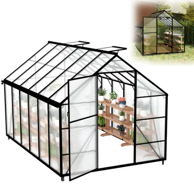 Obrázok produktu pre Skleník XINZI z hliníka 380 x 250 x 205 cm so základom, 4 mm duté dosky z polykarbonátu, odolný voči poveternostným vplyvom a stabilný, skleník na pestovanie paradajok, skleník na pestovanie sadeníc, záhradný skleník