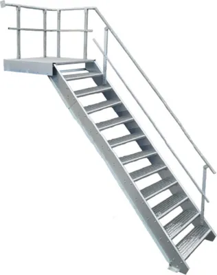 Produktbild von SRM Design Wangentreppe, Stahl S235 feuerverzinkt, Geschosshöhe 180-240 cm einstellbar, 11 Gitterroststufen 100x24 cm, Podest 107.5x113.5 cm, U-Profil 50x215x30 mm, Geländer rechts, für Außenbereich & Industrie, einfache Montage, DIN EN ISO 1461