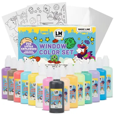 Produktbild von LM-Kreativ Window Color Set Kleine Entdecker – 15 Farben à 60 ml – abziehbare Fensterfarbe auf Wasserbasis für Glas, Spiegel und Fliesen