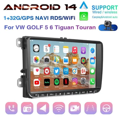 Obrázok produktu pre Android 14, autorádio s 9-palcovým dotykovým displejom, GPS navigácia, podpora Carplay a Android Auto, určené pre vozidlá VW Golf, Tiguan, Touran, Polo, s Bluetooth, USB, Wi-Fi, formát 2 DIN, 1 GB RAM, 32 GB úložiska
