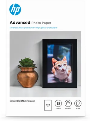 Obrázok produktu pre HP Lesklý fotopapier Advanced, 250 g/m2, 10 x 15 cm (101 x 152 mm), 25 hárkov, Lesk, 10x15 cm, Biela, 25 listy, Kompatibilný so všetkými atramentovými tlačiarňami., Biznis