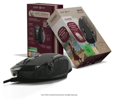 Produktbild von Lexip REVO-Maus mit 360°-Drehfunktion und 3D-Joystick + PC-Spiel – Anno 117: Pax Romana Edition, rechts, Laser, Schwarz