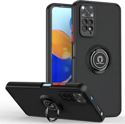 Three views of a black phone case with a ring holder, displayed against a white background.
