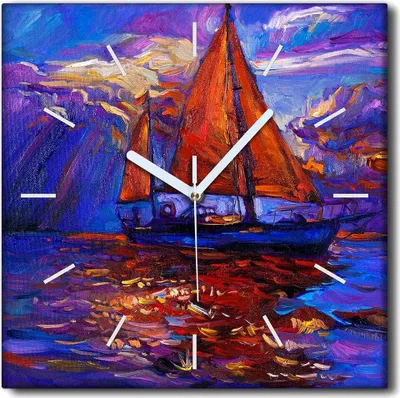 Produktbild von Coloray Uhr auf Leinwand 30x30 cm Wand Uhr Dekoration Wohnzimmer Segeltuch weiße Zeiger -Seelandschaftsschiff.