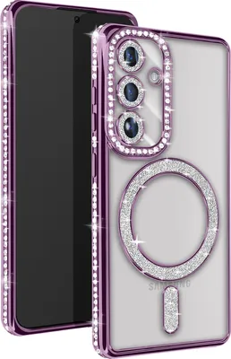 A purple phone case with rhinestones and a MagSafe ring is shown on a white background.