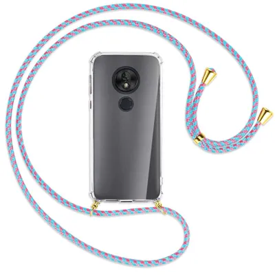Produktbild von Handykette Backcover-Schutzhülle mit Band (Metall goldfarben) für Motorola Moto G7 Play - pink/mint