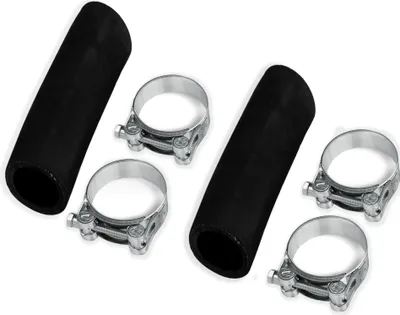 Two black hoses and four metal hose clamps are arranged on a white background.