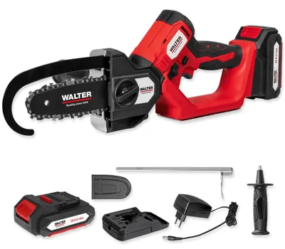Produktbild von WALTER Akku-Kettensäge & Stichsäge 2-in-1 20V Li-Ion Bürstenloser Motor, schwenkbarer Kopf, 120 mm Schnittleistung Rückschlagschutz & Soft-Grip Für Holz Äste Baumzuschnitt | Akku & Schnellladegerät