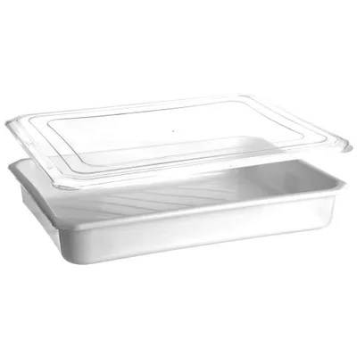 A white food storage container with a clear lid, shown from a side angle.