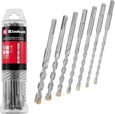 A set of seven hammer drill bits in a clear plastic case, displayed against a white background.