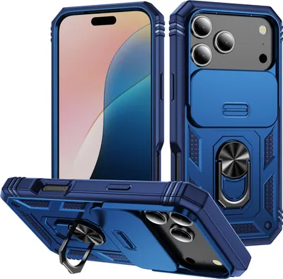 Produktbild von iPhone 17 Pro Hülle, Schiebe Kamera Schutz Stoßfest Schutzhülle mit Ringhalterung Ständer für iPhone 17 Pro Blau