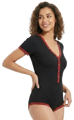 Produktbild von Damen-Body mit Langem Ärmel, V-Ausschnitt, Knopfverschluss Schwarz-Rot M