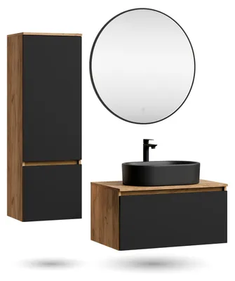 Produktbild von ARISA Badmöbel Set inkl. Hochschrank in Schwarz – Mit Veluna LED Spiegel und schwarzem Keramik-Aufsatzwaschbecken 55 cm