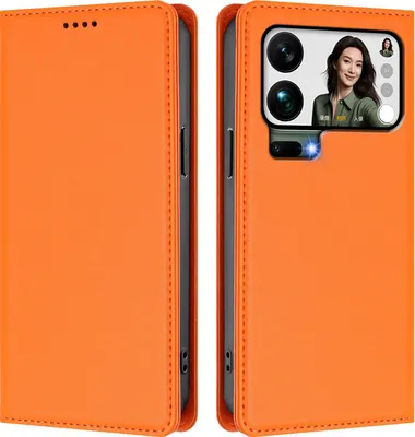 Image de Etui en cuir pour Xiaomi 17 Pro Max, étui magnétique en cuirPolyuréthaneavec support Orange